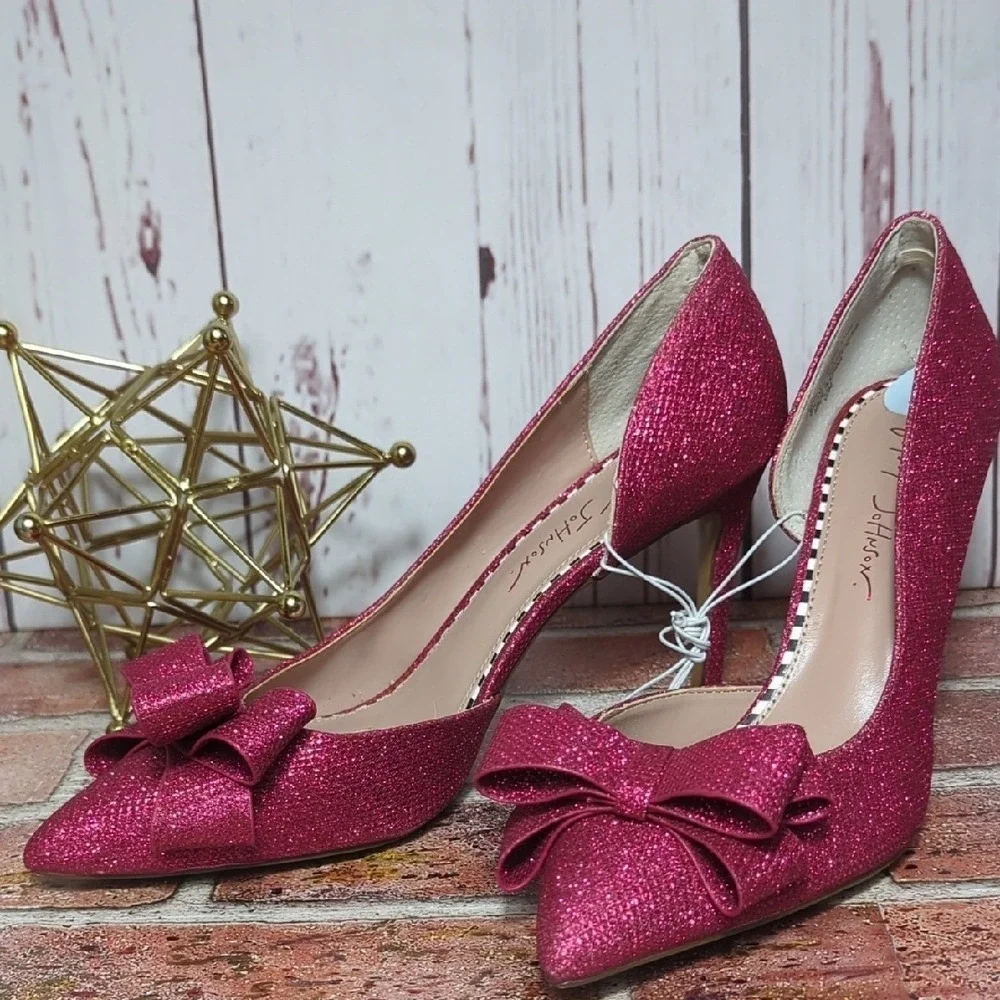 Betsey Johnson Pink Glitter Bow High Heels Party Birthday Coquette Girly 9 NWOT - Picture 2 of 15
